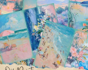 Teal and Pink Mixed Media Junk Journal art kit, digital papers, printable journal pages, Teal and Pink journaling papers, Oil Painting