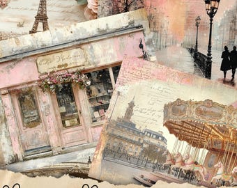 May include: A digital collage of 20 junk journal pages featuring Parisian-themed images. The collage includes a pink storefront with the text "C'est la Mode", a carousel, a street scene with a lamppost, and a vintage Eiffel Tower illustration.