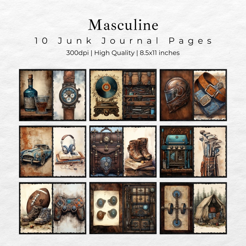 May include: Ten digital printable pages featuring masculine themed illustrations. The illustrations include a vintage car, a motorcycle helmet, a record player, a pair of boots, a set of golf clubs, a football, a video game controller, a toolbox, a compass, and a tent.