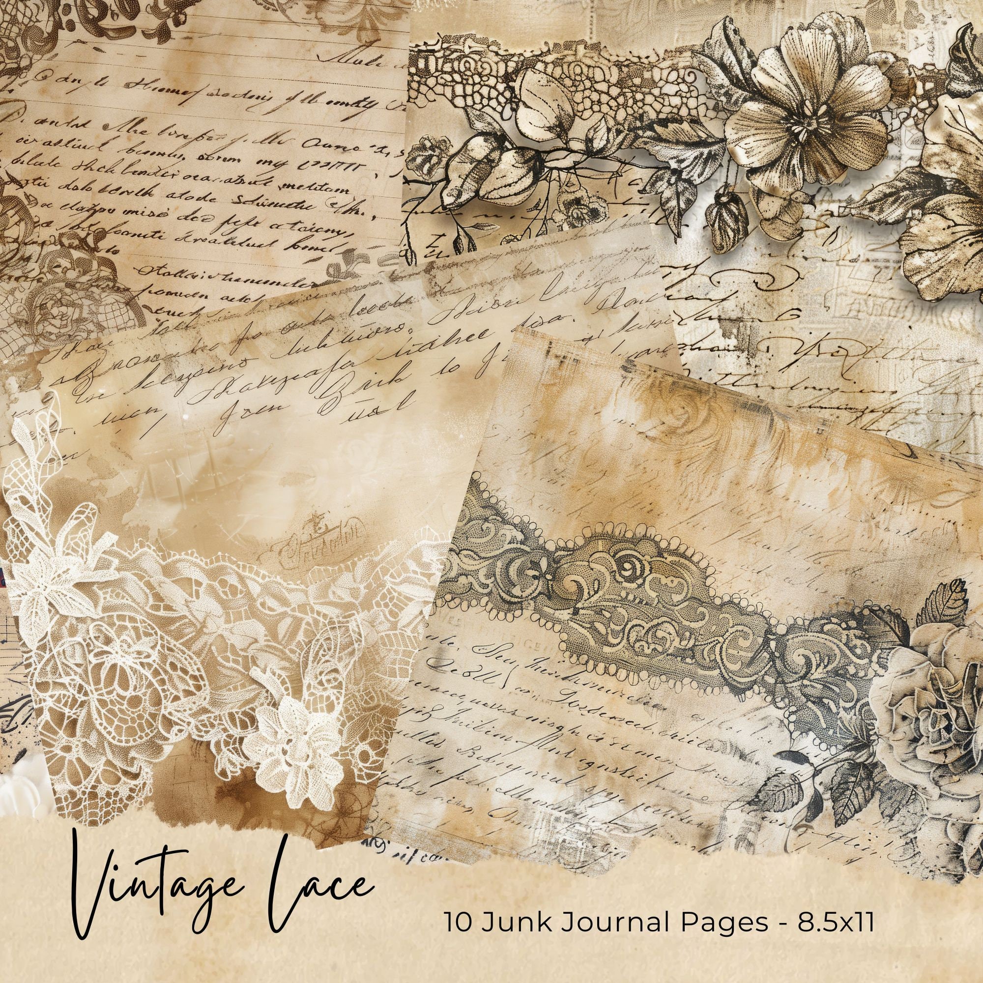 Vintage Lace Junk Journal Pages, Digital Grunge Scrapbook Paper ...