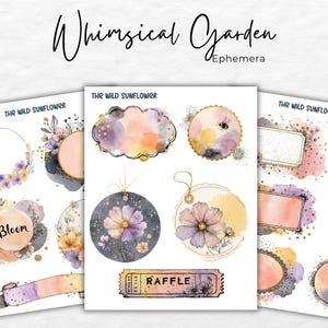 May include: Watercolor ephemera set featuring floral designs, tags, and labels. The set includes a variety of shapes, including circles, tags, and a raffle ticket, with a color palette of purple, pink, and gold. The text "Whimsical Garden" is at the top.
