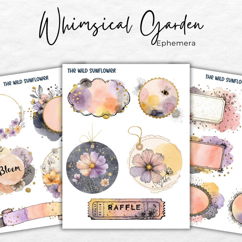 May include: Watercolor ephemera set featuring floral designs, tags, and labels. The set includes a variety of shapes, including circles, tags, and a raffle ticket, with a color palette of purple, pink, and gold. The text "Whimsical Garden" is at the top.