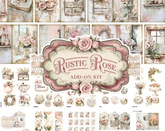 Zestaw dodatków do dziennika Shabby Chic Rose Junk (do druku strony JPG z ulotkami, okładka, tagi), pastel, ptak, papier cyfrowy Rose, pobieranie cyfrowe