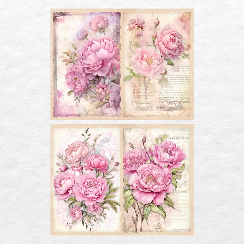 Peut inclure: Quatre images de style vintage repr&eacute;sentant des pivoines roses avec des feuilles et des tiges vertes. Les images ont un aspect d&eacute;lav&eacute; et antique avec un fond de texte manuscrit et de notes de musique.