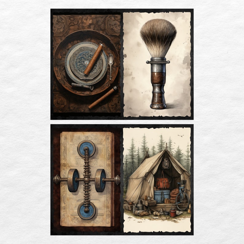 May include: A vintage-style illustration set of four images. The first image shows a plate with a cigar and a spoon. The second image shows a shaving brush with a wooden handle. The third image shows a vintage book with a metal contraption. The fourth image shows a campsite with a tent, a lantern, and camping gear.