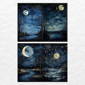 May include: A digital art print featuring four different scenes of a moonlit forest with a dark blue sky and a crescent moon. The scenes are arranged in a grid pattern.