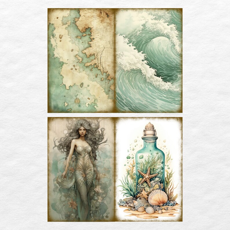May include: A collage of four images with a sea theme. The top left image is a vintage map of a coastline. The top right image is a painting of a large ocean wave. The bottom left image is a mermaid with long flowing hair. The bottom right image is a glass bottle with a cork stopper filled with sea life, including a starfish, seashells, and seaweed.