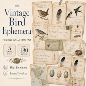 May include: A collection of vintage-style bird ephemera, including tags, postcards, and field notes. The design features illustrations of birds, feathers, and nests, with text such as "Winter Wren" and "Feather Study". The pack includes 5 printable sheets and approximately 180 pieces.