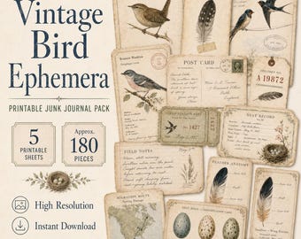 May include: A collection of vintage-style bird ephemera, including tags, postcards, and field notes. The design features illustrations of birds, feathers, and nests, with text such as "Winter Wren" and "Feather Study". The pack includes 5 printable sheets and approximately 180 pieces.