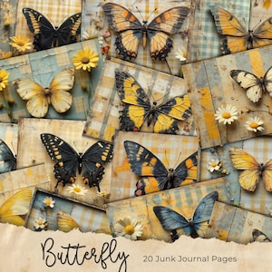 Feuilles de journal indésirable aquarelle papillons, kit de journal indésirable papillons vintage fantaisie, papier journal indésirable imprimable magique
