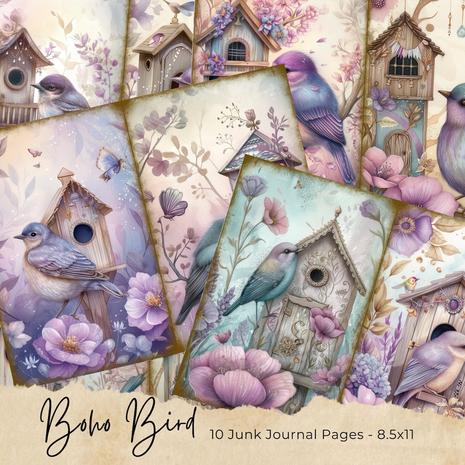 Vintage Bird Junk Journal Kit, Digital Floral Scrapbook Paper Kit ...