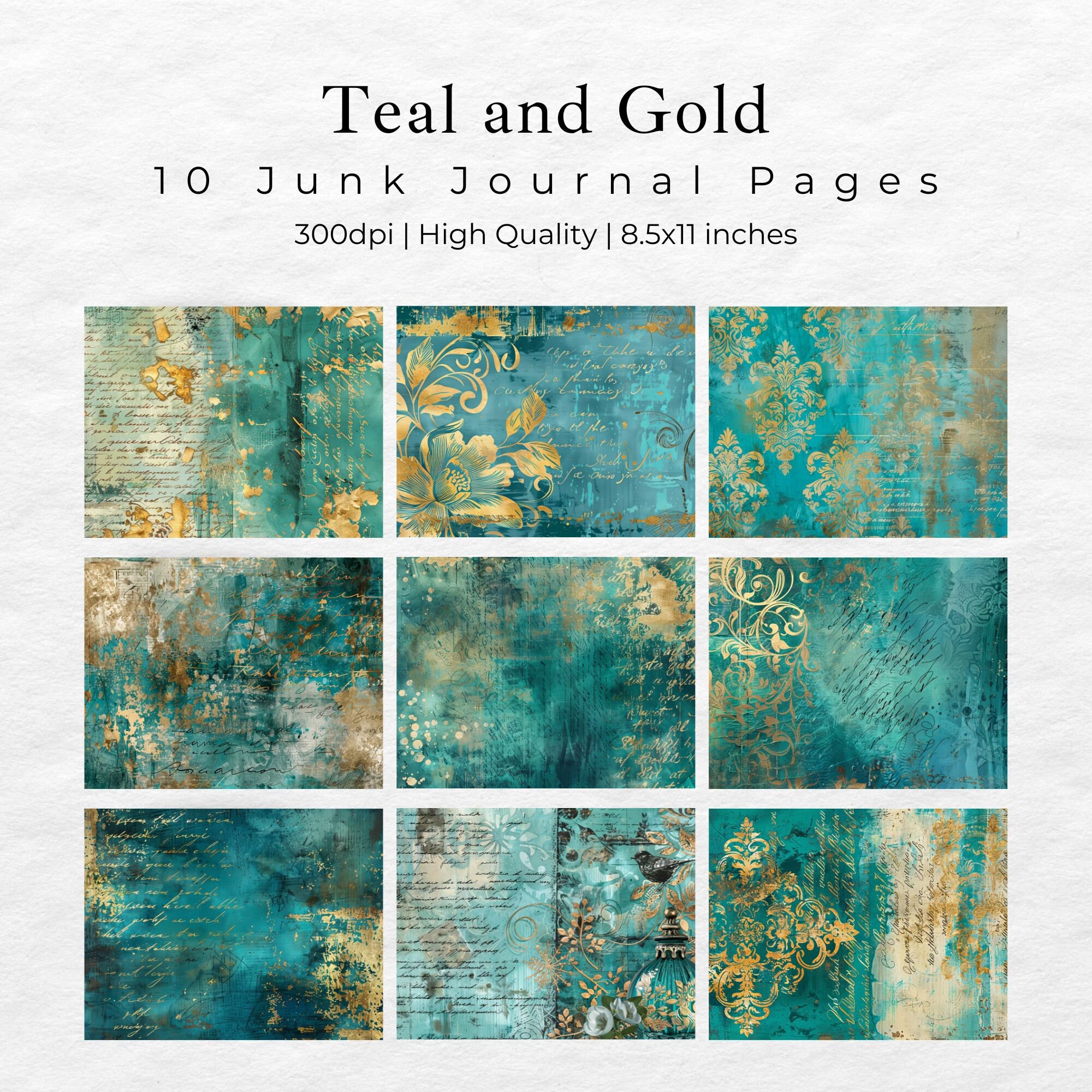 Teal and Gold Mixed Media Junk Journal Art Kit, Digital Papers ...