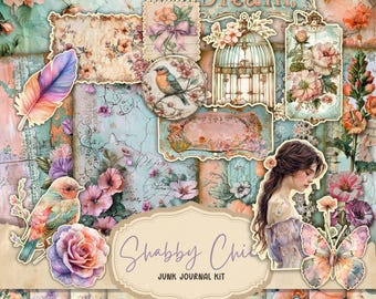 Kit de diario basura Shabby Chic / Páginas de diario, papeles, efímeras, etiquetas / Imprimibles Shabby Chic / Kit de álbum de recortes / Descarga digital