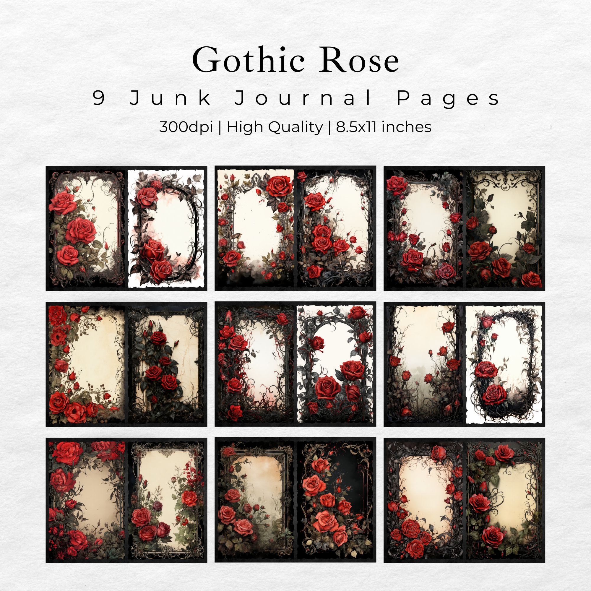 Gothic Red Roses Junk Journal Pages, Vintage Red Roses Junk Journal Kit ...