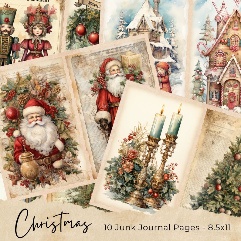Christmas Junk Journal Kit, Vintage Merry Christmas Junk Journal Pages, Santa Scene Junk Journal Printable Paper, Digital Collage Sheet image 1