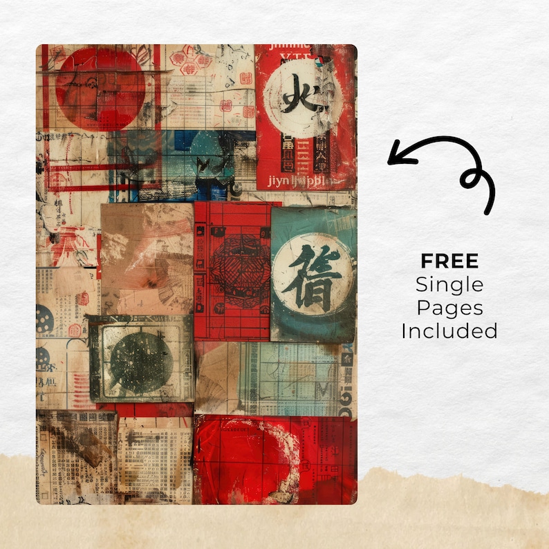 May include: A collage of vintage paper scraps with red, blue, and green colors. The paper scraps are arranged in a grid pattern and feature Chinese characters and other symbols. The collage has a distressed, aged look.