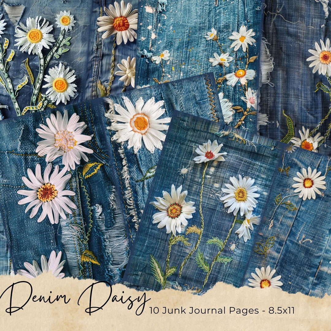 Denim Daisy Junk Journal Pages, Textile Mix With Denim Collage ...