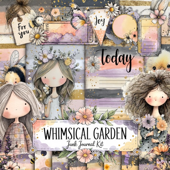 Whimsical Girls Junk Journal Kit, Printable Vintage Ephemera and Tags, Shabby Chic Garden Scrapbook Paper Set