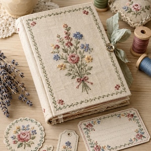 May include: A beige fabric-covered journal featuring an embroidered floral bouquet on the front cover, a green ribbon tie with a small button, and matching embroidered paper tags and labels with floral motifs arranged on a wooden surface.
