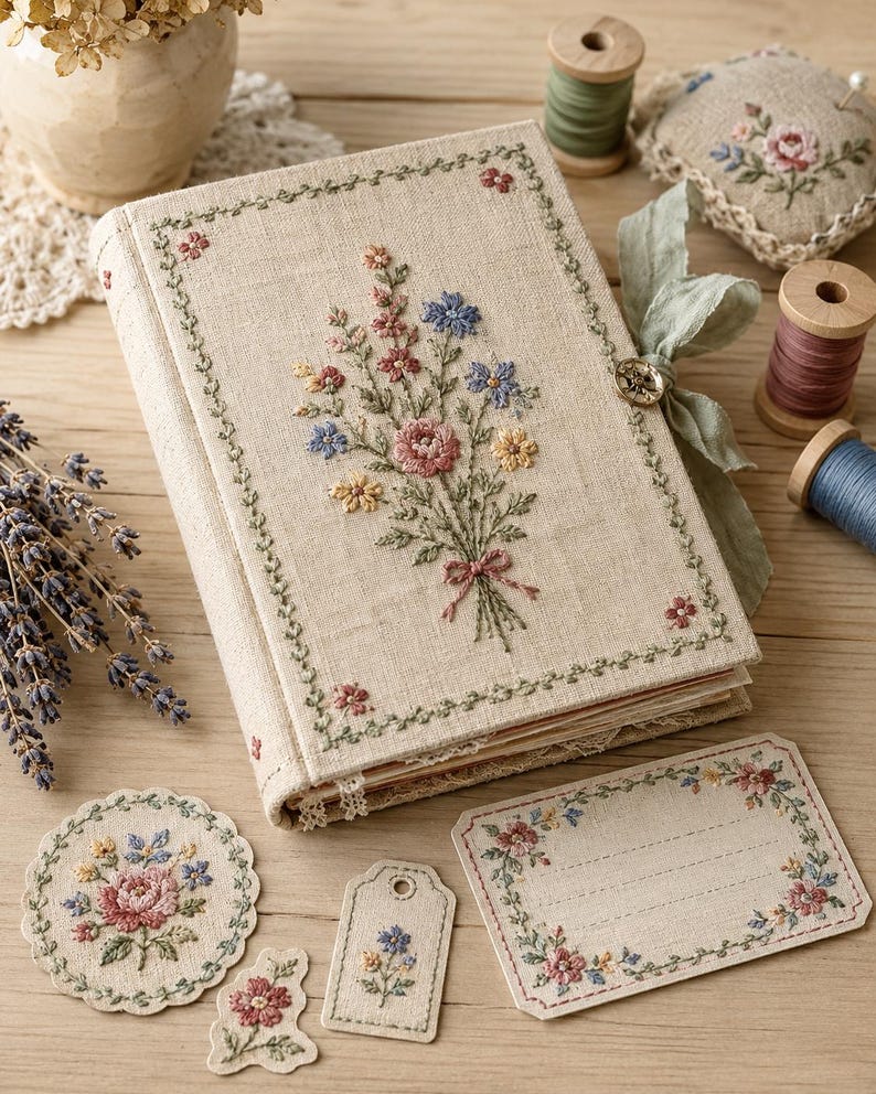 May include: A beige fabric-covered journal featuring an embroidered floral bouquet on the front cover, a green ribbon tie with a small button, and matching embroidered paper tags and labels with floral motifs arranged on a wooden surface.