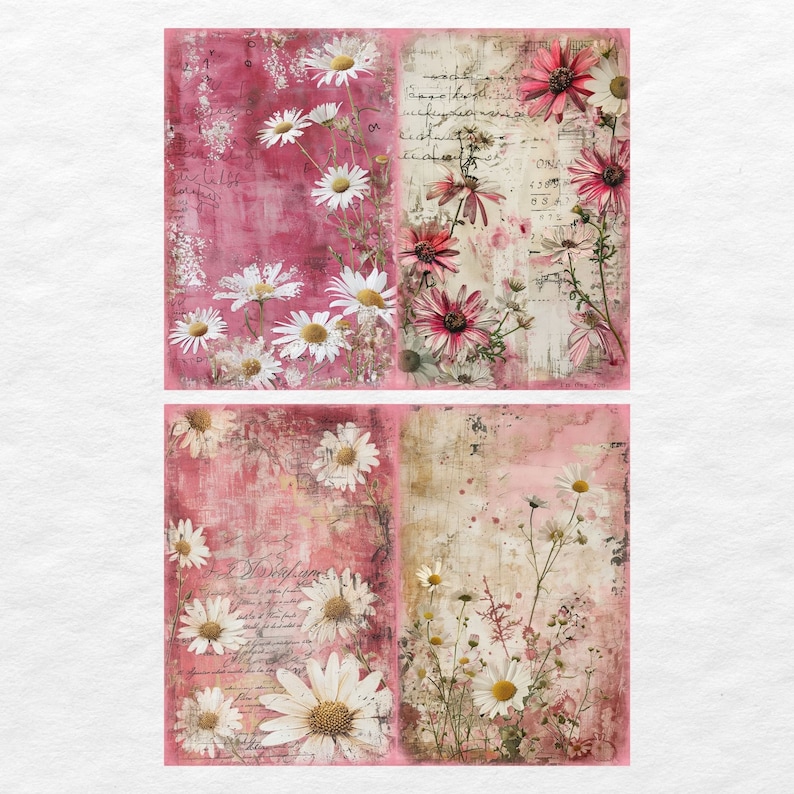 Pink Daisy Junk Journal Pages, Digital Scrapbook Paper Kit, Floral ...