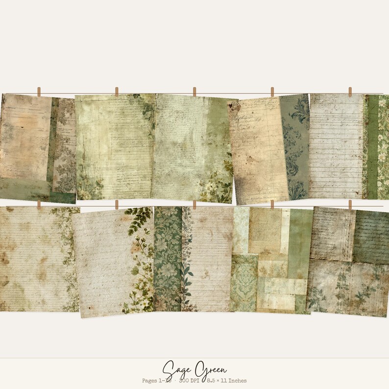 Sage Green Junk Journal Pages, Printable Vintage Collage Papers ...
