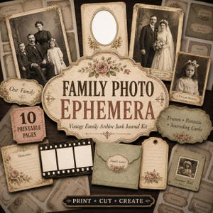 May include: A collection of vintage-style paper ephemera featuring sepia-toned family portraits, floral-bordered frames, journaling cards, a film strip, and a small envelope. The central sign reads FAMILY PHOTO EPHEMERA and PRINT CUT CREATE.