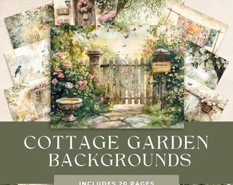 May include: A set of 20 digital paper backgrounds featuring cottage garden scenes. The papers include images of a white picket fence, a stone path, a birdhouse, a bird, flowers, and a welcome sign. The papers are perfect for scrapbooking, card making, and other paper crafts.
