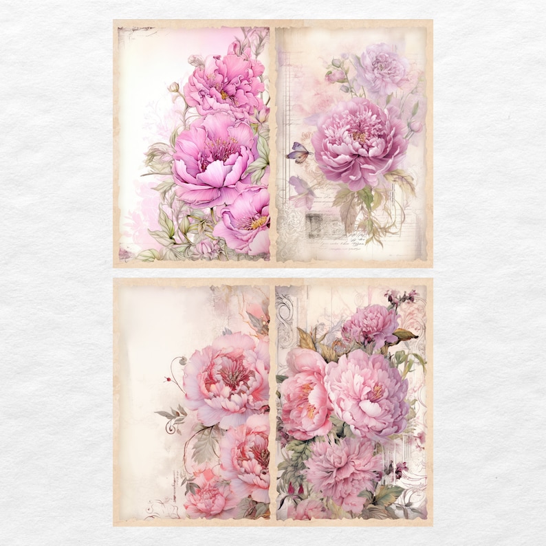 Peut inclure: Quatre cartes de style vintage avec un collage de pivoines roses et de papillons sur un fond cr&egrave;me.