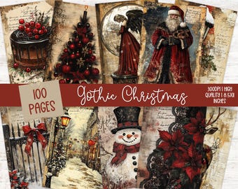 Puede incluir: Un paquete de papel digital con 100 páginas de diseños temáticos de Navidad gótica. Los diseños incluyen un árbol de Navidad, un muñeco de nieve, una flor de pascua, un pastel de jengibre, un Papá Noel y un ángel. El paquete de papel es de 300 DPI y 8,5 x 11 pulgadas.