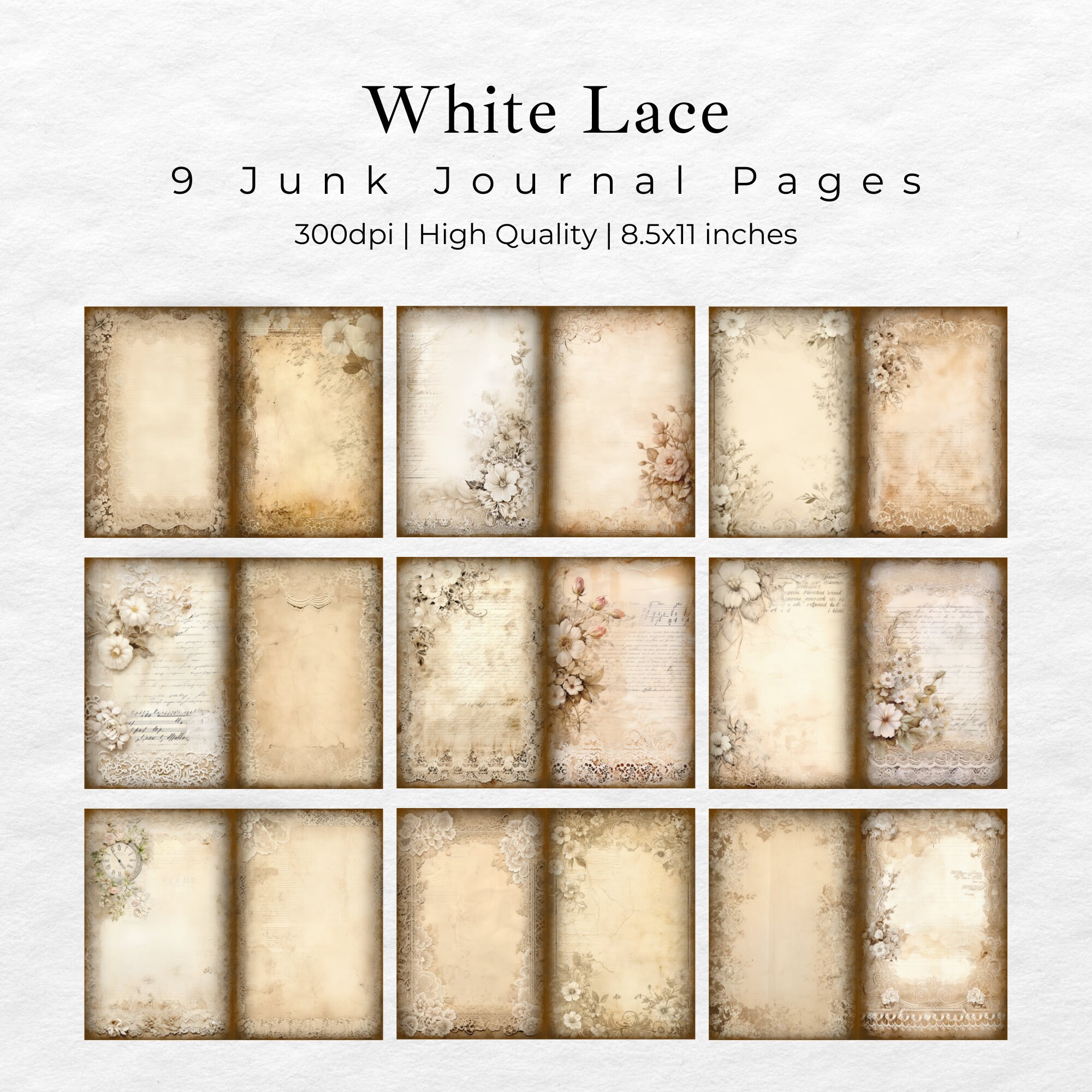 Vintage Lace Junk Journal Pages, Digital Grunge Scrapbook Paper ...