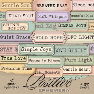 Positive Junk Journal Words, Inspirational Phrases, Printable Words, Shabby Chic Ephemera, Digital Scrapbooking, Words for Journal, Labels