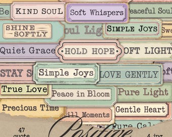 Palavras positivas para diário, frases inspiradoras, palavras para impressão, itens efêmeros chiques e surrados, scrapbooking digital, palavras para diário, etiquetas