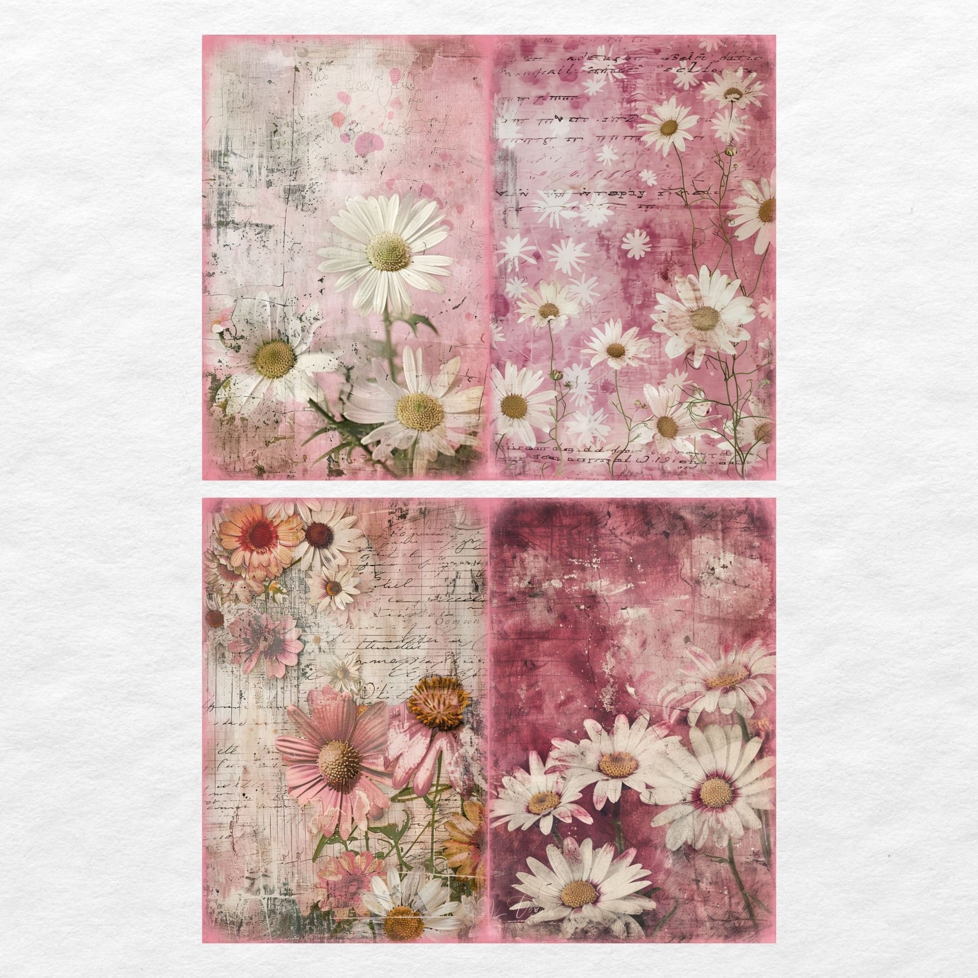 Pink Daisy Junk Journal Pages, Digital Scrapbook Paper Kit, Floral ...