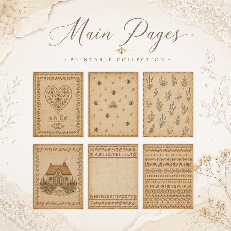 May include: A collection of six rectangular printable pages with a vintage beige paper texture. Designs include a heart with floral motifs, bees with a hive, lavender sprigs, a cottage, an alphabet sampler, and rows of decorative floral patterns.