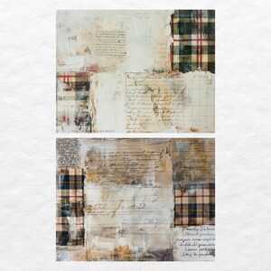 May include: A collage of vintage papers with handwritten text and a plaid pattern in shades of brown, green, and white. The text includes the words "Daunmay Sratema", "Lamine jacatau", "jamais mate anplek", "chaltkidl pancen", "Limm partene", and "Lany do padok".