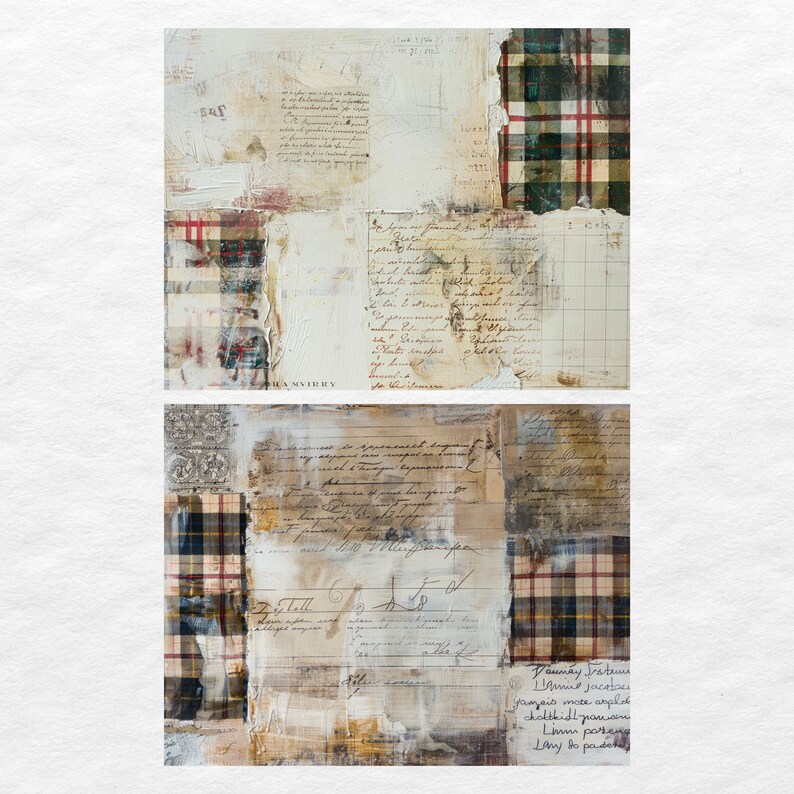 May include: A collage of vintage papers with handwritten text and a plaid pattern in shades of brown, green, and white. The text includes the words "Daunmay Sratema", "Lamine jacatau", "jamais mate anplek", "chaltkidl pancen", "Limm partene", and "Lany do padok".