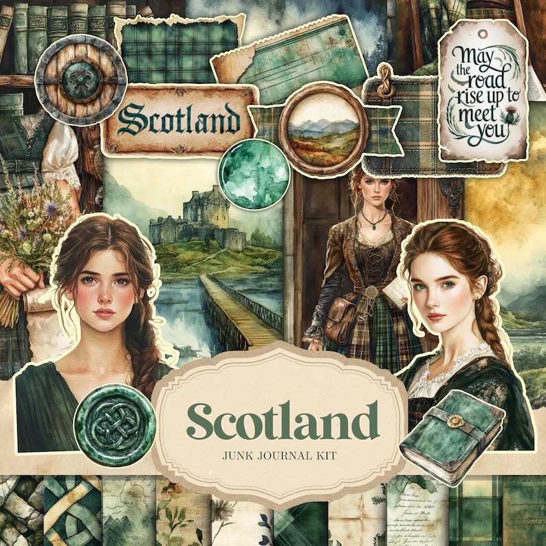 May include: A digital junk journal kit with a Scottish theme. The kit includes images of a castle, a woman in a kilt, a green gem, and a book. The text "Scotland" appears twice in the image, along with the text "Junk Journal Kit".