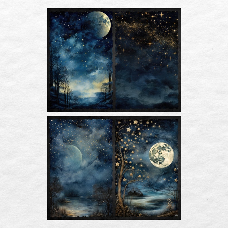 May include: A digital art print featuring four different scenes of a night sky with stars and moons. The scenes are divided into four squares. The top left square shows a dark blue sky with a crescent moon and stars. The top right square shows a dark blue sky with a scattering of gold stars. The bottom left square shows a dark blue sky with a full moon and stars. The bottom right square shows a dark blue sky with a full moon and a tree with gold stars.