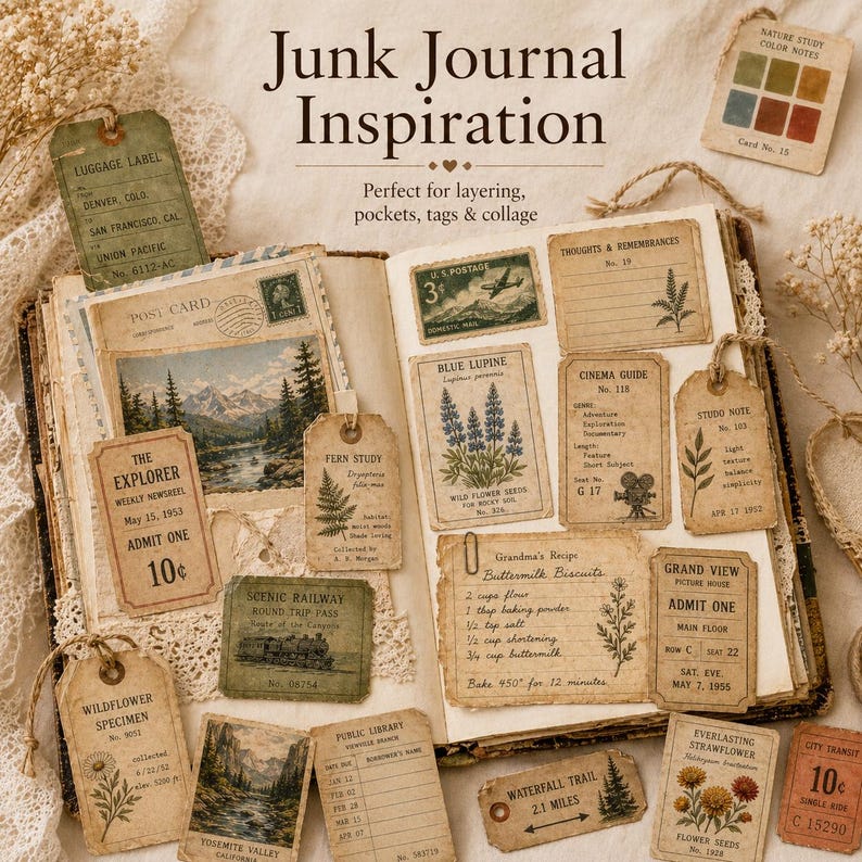Vintage Ephemera Bundle, Printable Junk Journal Pack, Neutral Tags ...