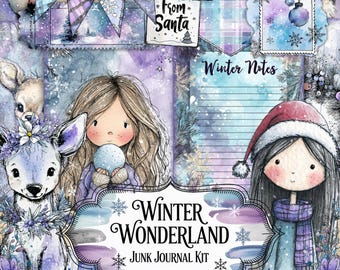 May include: A digital junk journal kit with a winter wonderland theme. The image features illustrations of girls, deer, and winter elements in shades of purple, blue, and white. Text includes "Winter Wonderland" and "Merry Christmas."