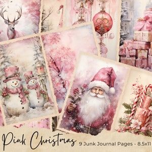 Pagina del diario spazzatura di Natale rosa, pagine del diario spazzatura di Buon Natale vintage, carta stampabile del diario spazzatura di Santa Scene, collage digitale