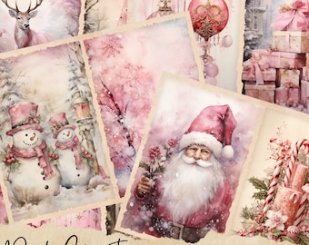 Pink Christmas junk journal page, Vintage Merry Christmas Junk Journal Pages, Santa Scene Junk Journal Printable Paper, Digital Collage