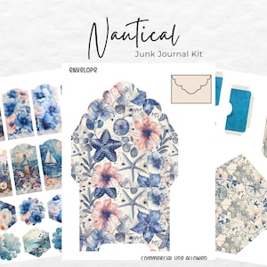 May include: A nautical themed junk journal kit with a variety of paper ephemera, including an envelope, tags, and decorative elements. The kit features a blue and white color scheme with floral and starfish designs. The text "Nautical Junk Journal Kit" and "COMMERCIAL USE ALLOWED" are visible on the image.