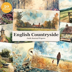Pode incluir: Um conjunto de papéis de jornal lixo de 50 páginas com ilustrações em aquarela da zona rural inglesa. As imagens incluem cenas de campos, igrejas e uma coruja, com o texto "English Countryside".