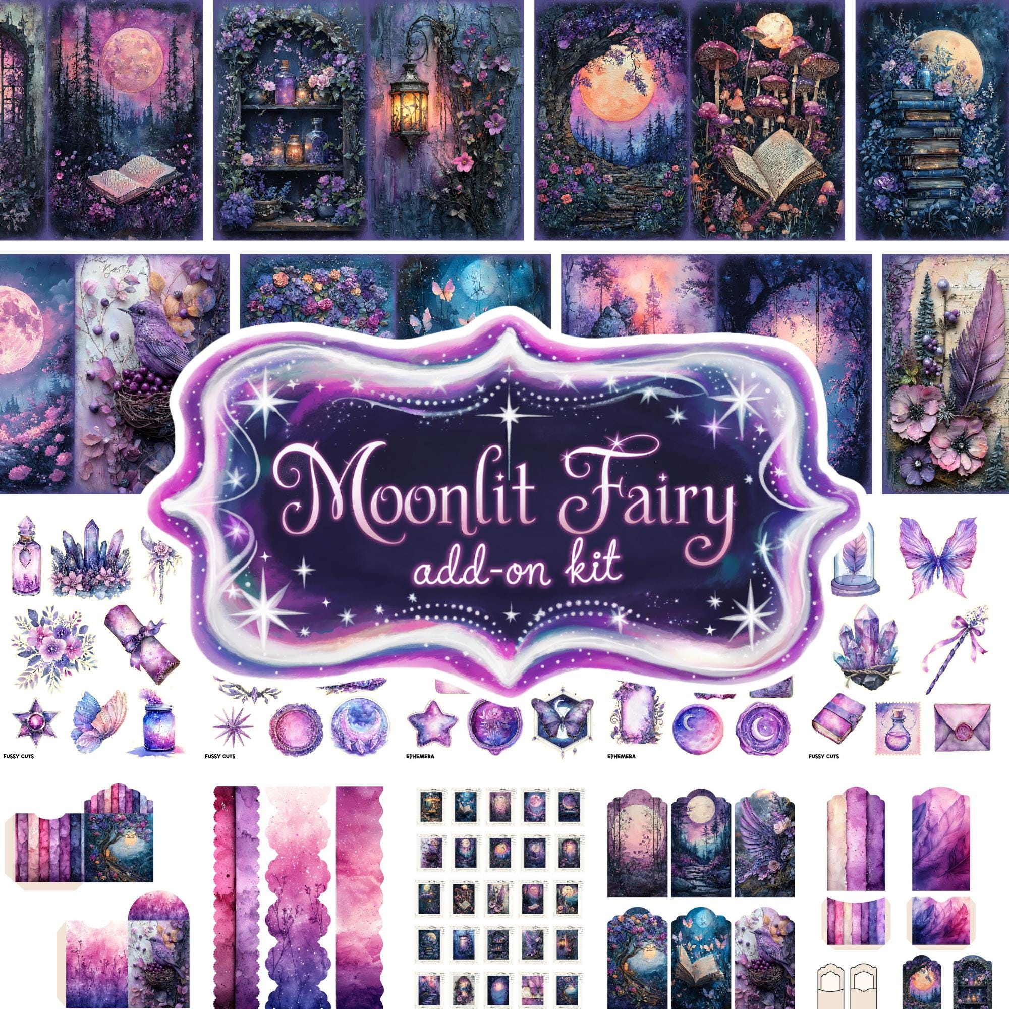 Moonlit Fairy Junk Journal Add On Kit Celestial Fae Magical Gothic Fantasy Digital Download Lunar Moths Paper Moonlight Whimsical Forest