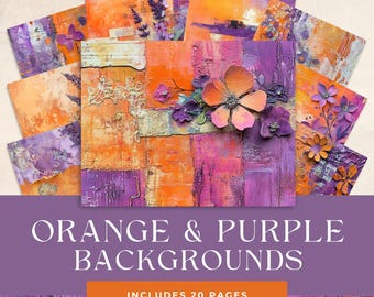 Purple and Orange Mixed Media Junk Journal Art Kit, Digital Papers, Printable Journal Pages, Purple and Gold Journaling Japers, Card Making