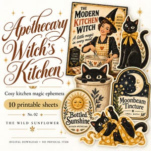 Pode incluir: Uma coleção digital de efémeros imprimíveis Apothecary Witch's Kitchen com uma bruxa a cozinhar, gatos pretos, um rótulo de sol com o texto Bottled Sunshine e um rótulo Moonbeam Tincture. O conjunto inclui 10 folhas imprimíveis ilustradas.