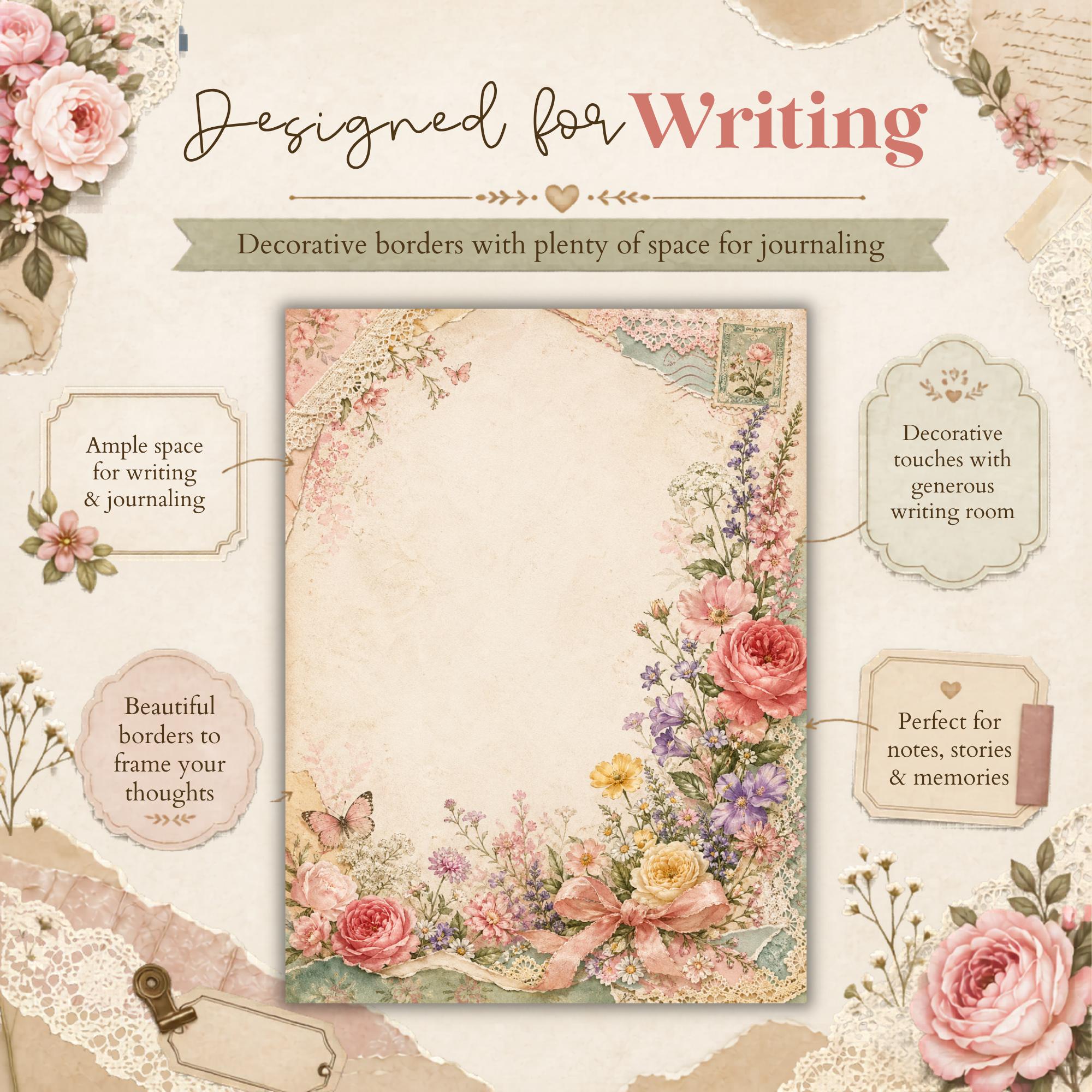 Botanical Writing Pages, Printable Floral Stationery, Romantic Junk ...