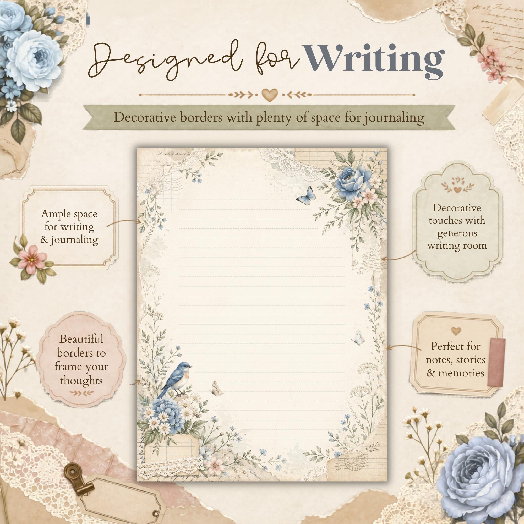 Botanical Writing Pages, Printable Journal Paper, Vintage Floral ...